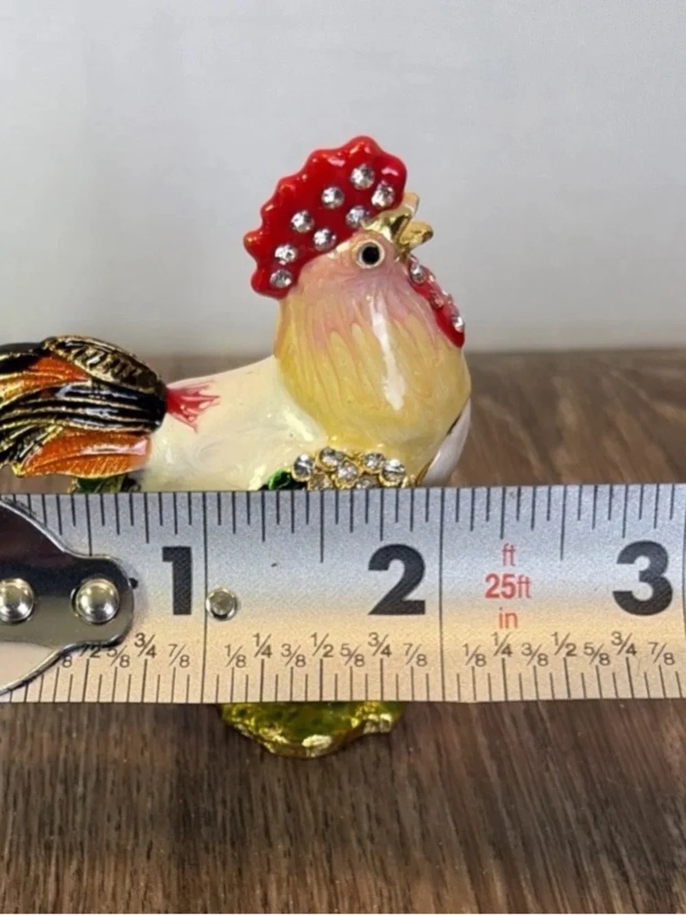 Enamel & Rhinestone Hinged Rooster Jewelry Pill Trinket Box Magnetic Bling